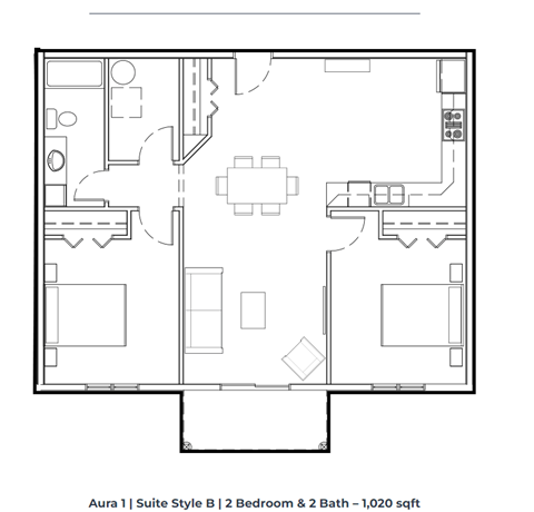 Floor plan for 2 beds, 1 bath, 1020 sqft